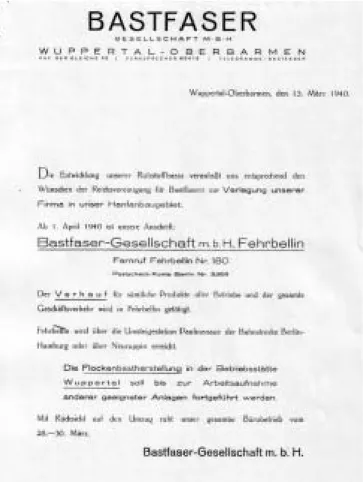Abb. 15: Die Bastfaser GmbH in Wuppertal gibt am 15.03.1940 die Verlagerung des Fir- Fir-mensitzes nach Fehrbellin bekannt
