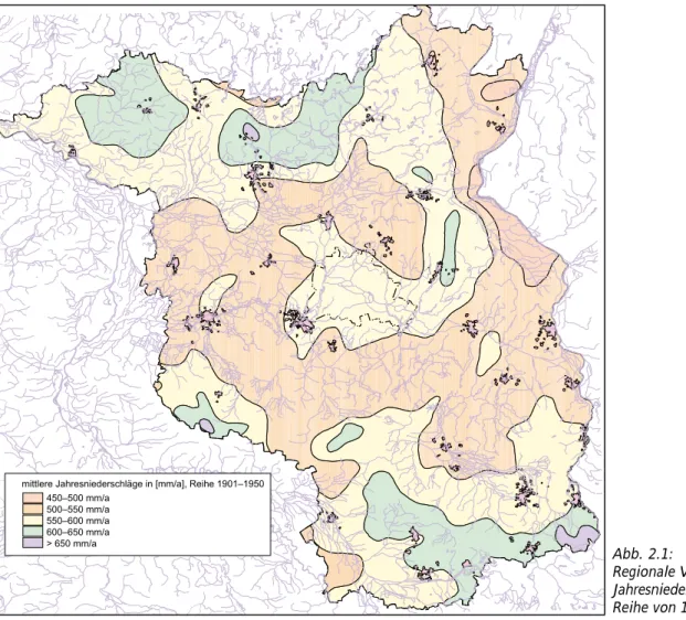 Abbildung 2.1 zeigt die regionale Verteilung der Jahresnie- Jahresnie-derschlagshöhen aus dem „Hydrografischen Kartenwerk der DDR, Karte der Niederschlagshöhen“ 1:1 000 000 (Basis: ca.