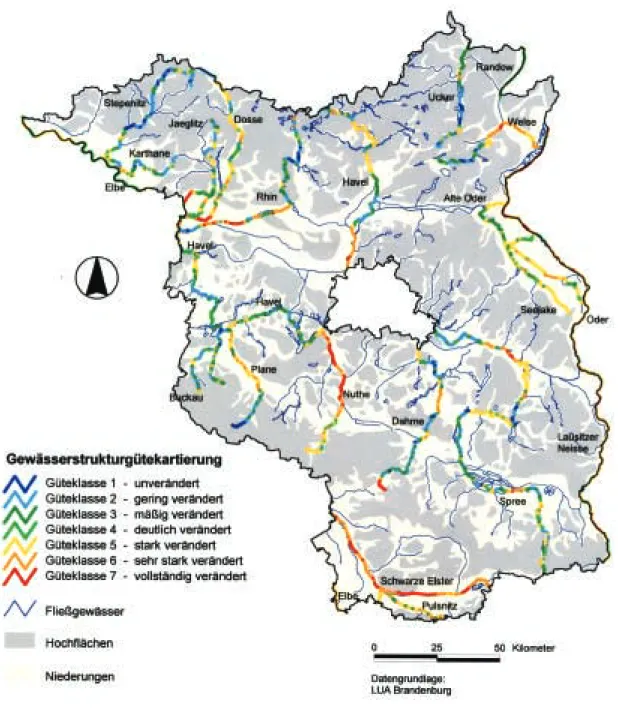 Abb. 1.2.4: Strukturgüte ausgewählter Fließgewässer in  Brandenburg (LUA – W5 2001)