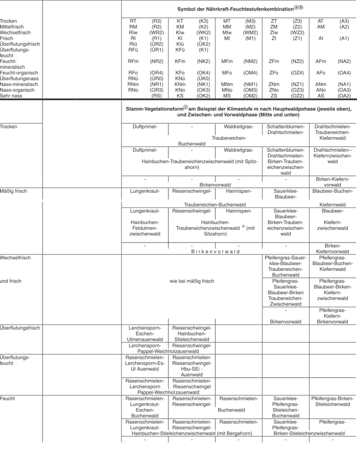 Tab. 2: Naturräumliche Stamm-Ökotopgruppen mit Stamm-Vegetationsform und Phytomasseproduktivität sowie ihrer Zusammensetzung aus Stamm-Standortsformen als Vierfachökogramm