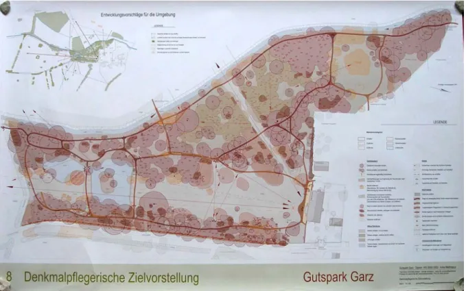 Abb. 9: Garz, Zielplan. Bestandteil der Diplomarbeit von A. Matthesius zum Gutspark Garz,  Technische Universität Dresden, Institut für Landschaftsarchitektur, 2003 