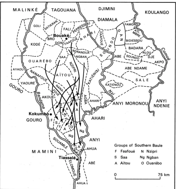 Abb. 2 | Die Haupt-Baule-Gruppen und ihre südliche Migration im 19. Jahrhundert (aus Weiskel 1980, 12)