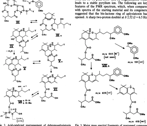 Figure  2 describes  a plausible mechanistic pathway by  which  debromoaplysiatoxin  methyl  ether  acetate  (111)  rearranges to the carboxylic acid Vlla, which we  charac-terized as the methyl ester Vllb