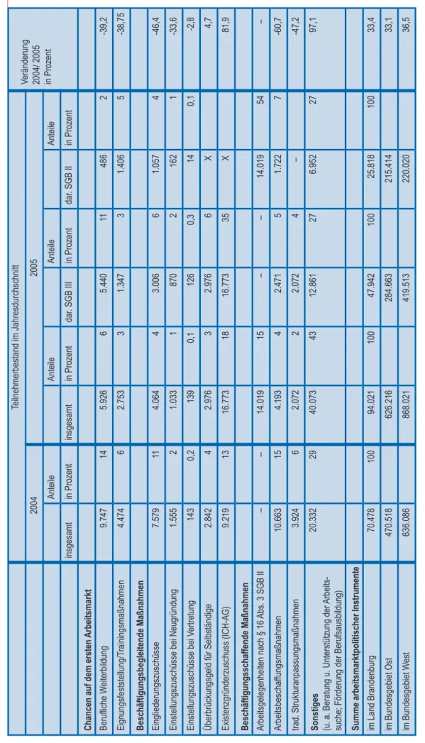 Tabelle 12 Ausgewählte Maßnahmen der aktiven Arbeitsförderung der Bundesagentur für Arbeit in den Jahren 2004 und 2005 im Land Brandenburg Quelle: Statistik der Bundesagentur für Arbeit (BA), Zeitreihen zum Einsatz arbeitsmarktpolitischer Instrumente; Inte