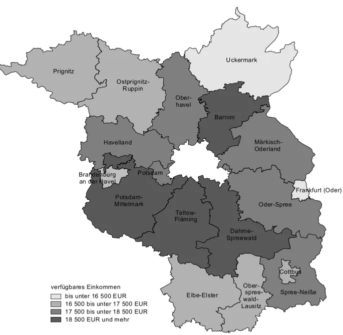 Grafik 1: Verfügbares Einkommen der privaten Haushalte je Einwohner                  in den kreisfreien Städten und Landkreisen Brandenburgs 2012 