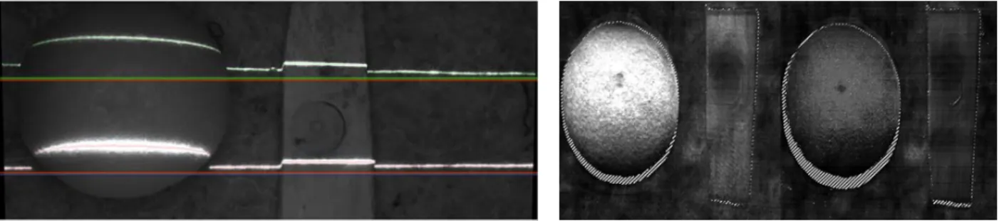 Abbildung 10: Rückstreuungserfassung und -visualisierung. Links: 2 Laserlinien @532 nm  (oben) und @650 nm (unten) beim Scannen einer Orange und eines Holzstückes