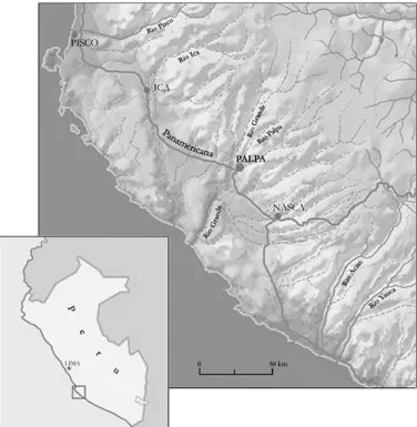 Abb. 1 | Das Nasca-Becken in  Süd-Peru zwischen Paziﬁk und  Anden.