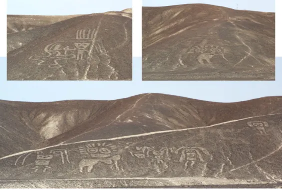 Abb. 2 | Restaurierte anthro-pomorphe Geoglyphen der ParacasZeit im Río Grande-Tal bei Llipata südwestlich  von Palpa, Ansicht vom Trockental im Süden aus.