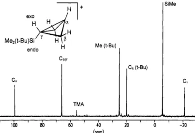 Fig. 6.  &#34;C-NMR  spectra; rearrangement of the  1  -(terf-butyldimethylsilyl)bicyclobutonium ion  8  to the  3-endo-(tert-  butyldimethylsilyl)bicyclobutonium ion  9  at  - 1  15  OC  (internal  standard TMA G(NMec)  =  55.65  ppm)