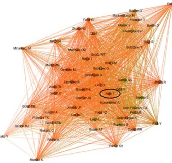 Abb. 5: ACC-Graph: Kreis zeigt Zielautor. Grüne Knoten sind relevan- relevan-te Autoren.