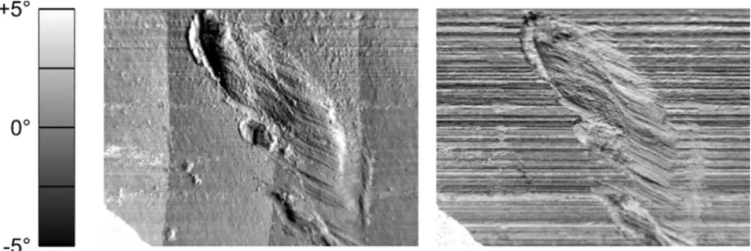 Figure 5: Grey-coded slope images of a defect on a metallic surface. Left: slope in x-direction