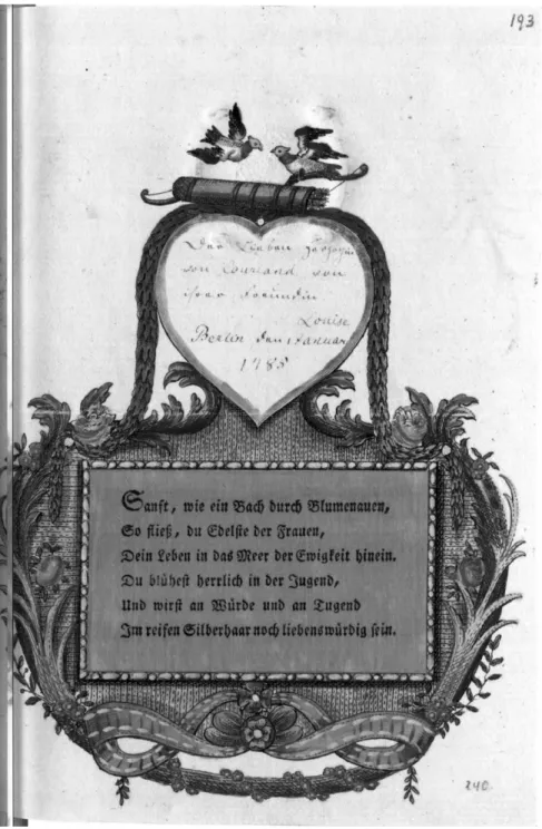 Abb. 7: Tugend als Frauenschmuck – Schmuckbillet an die Salonfrau Dorothea von Kurland.