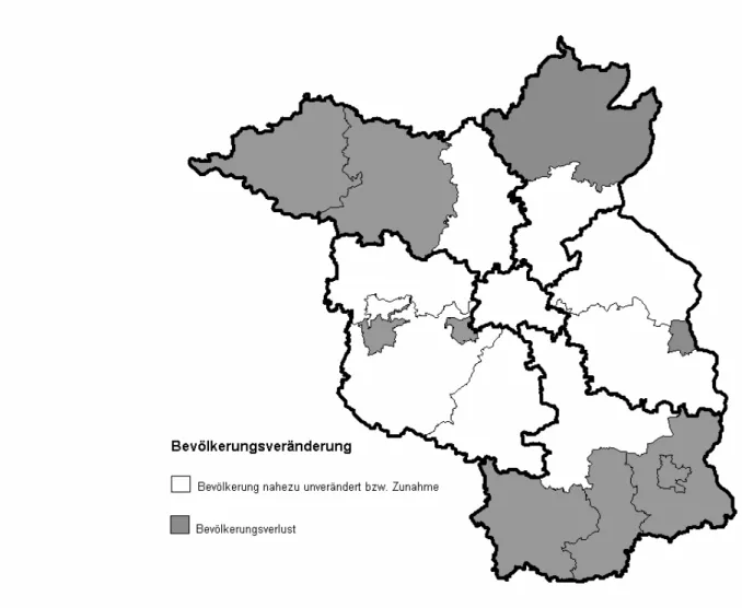 Abb. 1-2:   Bevölkerungsveränderungen vom 3. Oktober 1990 bis zum  31. Dezember 2003 nach Landkreisen und kreisfreien Städten 