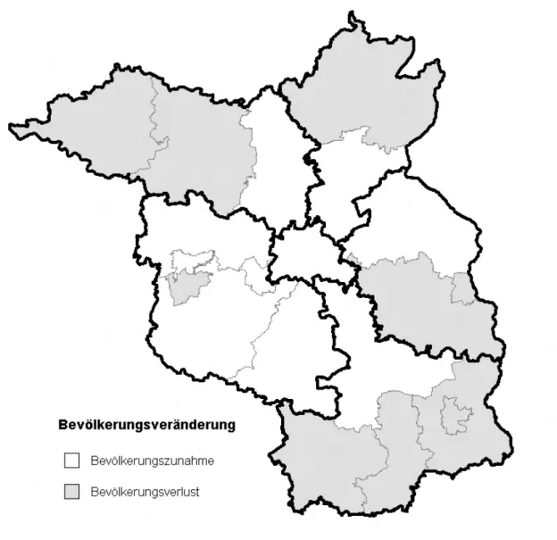 Abb. 1-2:   Bevölkerungsveränderungen vom 3. Oktober 1990 bis zum  31. Dezember 2006 nach Landkreisen und kreisfreien Städten 