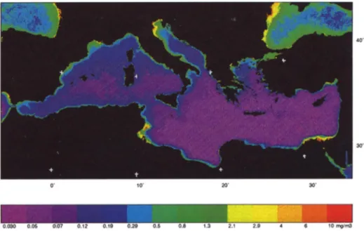 Fig. 6 Composite CZCS image of the Mediterranean basin. This image highlights the differences between Mediterranean sub-basins, the oligotrophic waters of the open sea, and the mesotrophic waters of coastal areas [17].