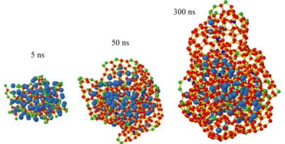 Figure 10 presents the results of MD/MMC simulations of consecutive C atoms impacting on a Ni 108 nanocluster, after a growth time of 5, 50, and 300 ns