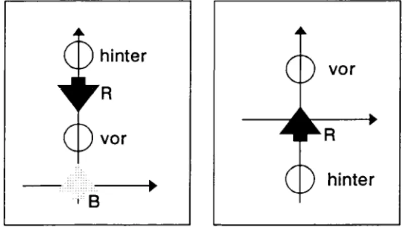 Abb. 1: Korund hinter im deiktischen (links) und intrinsischen (rechts) Be- Be-zugssystem