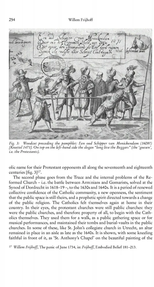 Fig. 3: Woodcut preceding the pamphlet: Een oitd Schipper van Monickendam (1608?)  [Knuttel 1471], On top on the left-hand side the slogan &#34;long live the Beggars&#34; (the 'gnesen',  i.e