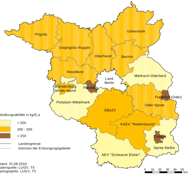 Abbildung  7 :  Einwohnerspezifisches Aufkommen an Festen Siedlungsabfällen der öffentlich- öffentlich-rechtlichen Entsorgungsträger des Landes Brandenburg 2009 