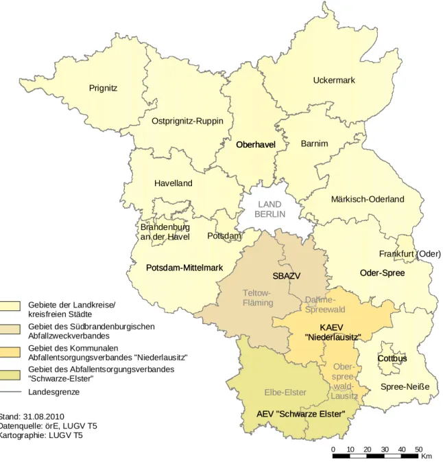Abbildung  1 :  Gebiete der öffentlich-rechtlichen Entsorgungsträger im Land Brandenburg 2009 