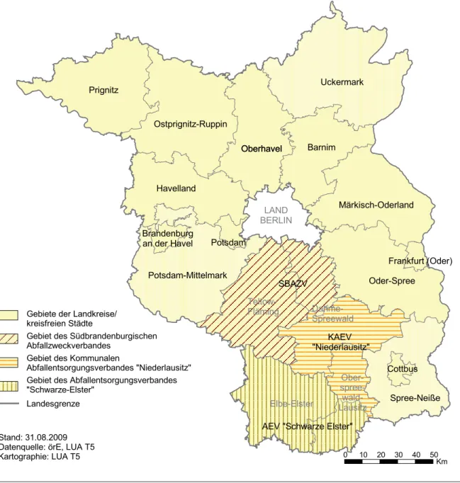 Abbildung 1: Gebiete der öffentlich-rechtlichen Entsorgungsträger im Land Brandenburg 2008