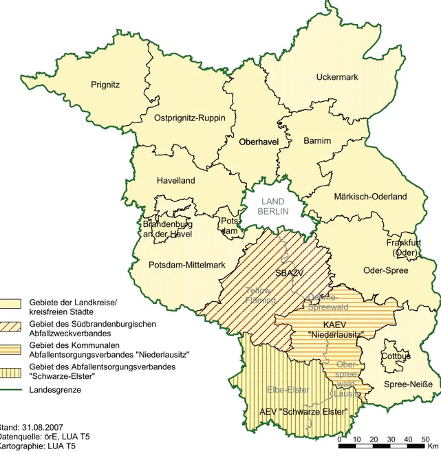 Tabelle  1:  Bevölkerung  in  den  Entsorgungsgebieten  der  öffentlich-rechtlichen  Entsorgungsträger  des  Landes Brandenburg 2007