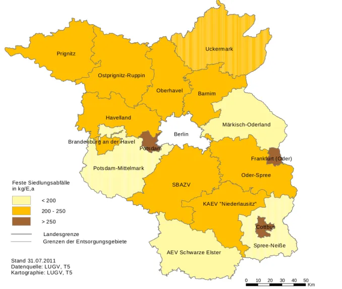 Abbildung 7:  Einwohnerspezifisches Aufkommen an Festen Siedlungsabfällen der öffentlich-rechtlichen Entsorgungsträger  des Landes Brandenburg 2010 