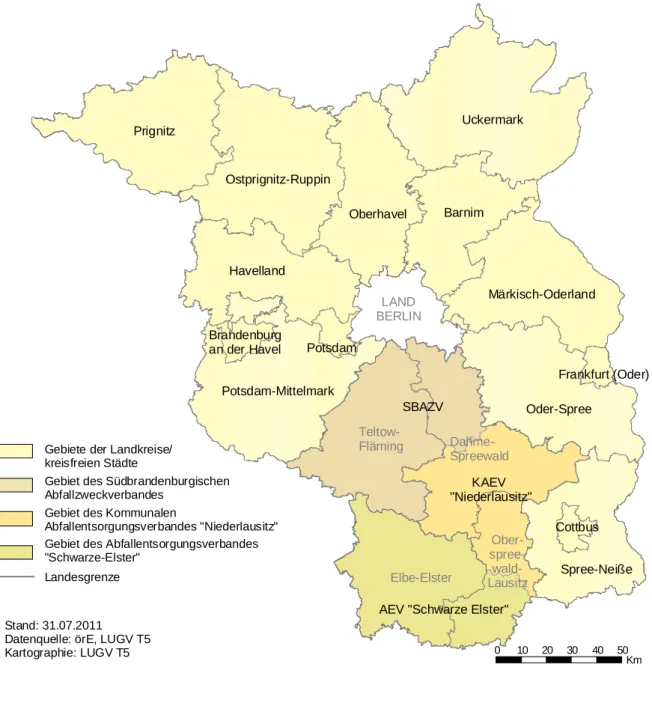 Abbildung 1:  Gebiete der öffentlich-rechtlichen Entsorgungsträger im Land Brandenburg 2010 