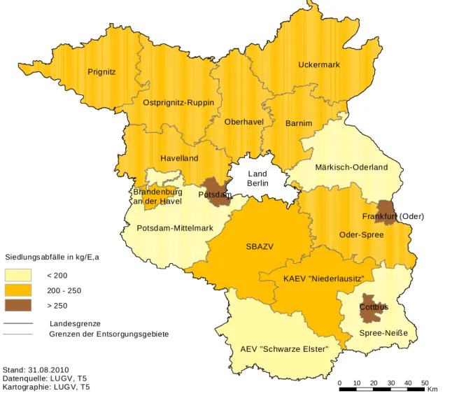 Abbildung 7:  Einwohnerspezifisches Aufkommen an Festen Siedlungsabfällen der öffentlich-rechtlichen Entsorgungsträger  des Landes Brandenburg 2009 