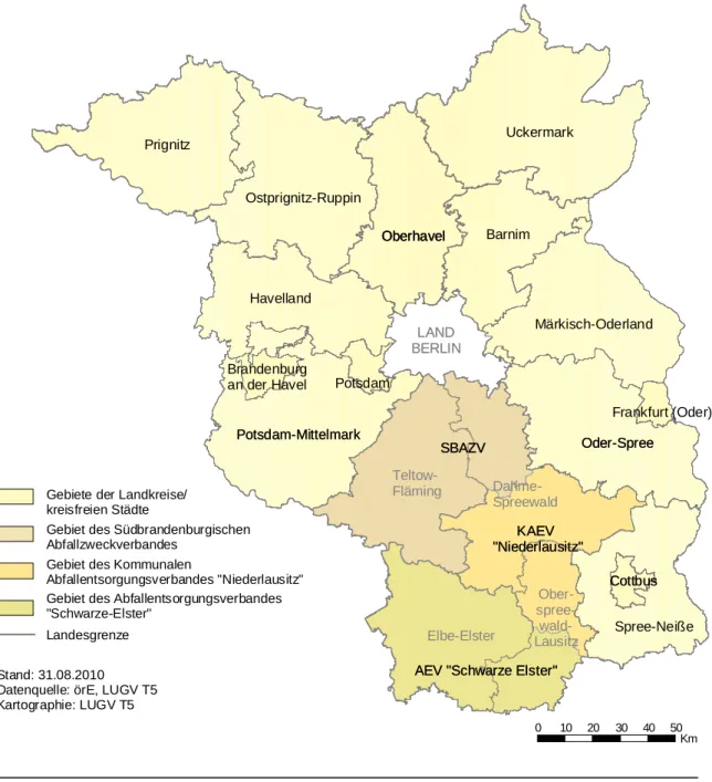 Abbildung 1:  Gebiete der öffentlich-rechtlichen Entsorgungsträger im Land Brandenburg 2009 