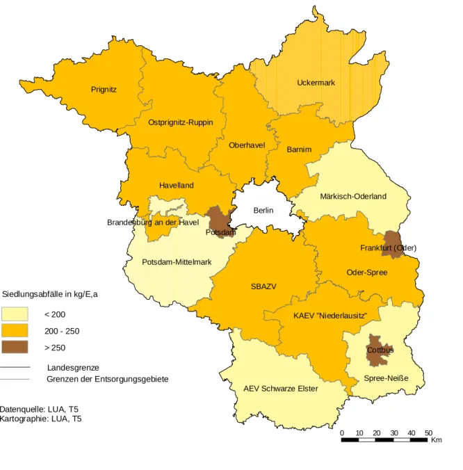 Abbildung 7  Einwohnerspezifisches  Aufkommen  an  Festen  Siedlungsabfällen  der  öffentlich-rechtlichen  Entsorgungsträger  des Landes Brandenburg 2008 