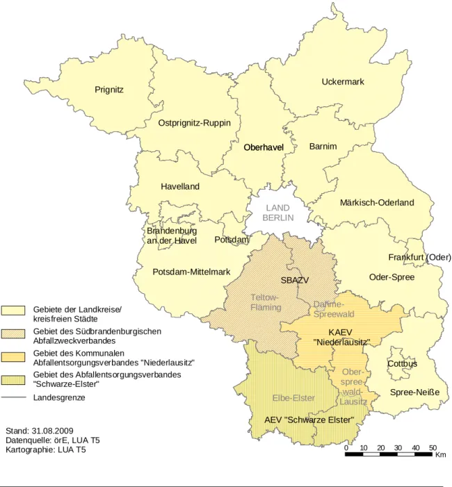 Abbildung 1:  Gebiete der öffentlich-rechtlichen Entsorgungsträger im Land Brandenburg 2008 