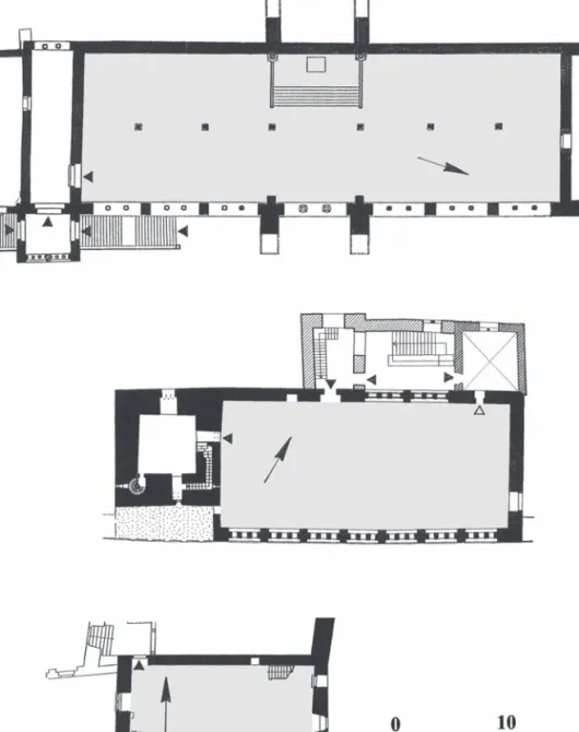 Abb. 3 a-c: Größenvergleich der Saalgrundrisse von Goslar, Weißensee und Gnandstein