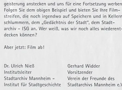 Abb. 7: Aufruf innerhalb   der Publikation  „Mannheimer  Film-schätze 1907–1957“.  Vorlage: Stadtarchiv  Mannheim – Institut  für Stadtgeschichte.