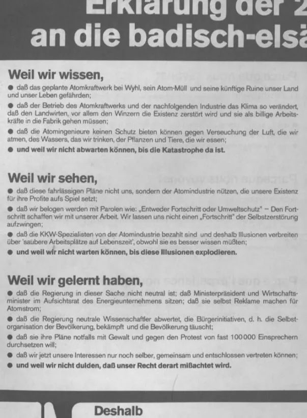 Abb. 3: Erste Erklärung der Badisch-Elsässischen Bürgerinitiativen vom 25. August 1974