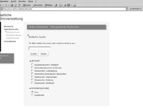 Abb. 3:   Portal Staatliche Archivverwaltung Baden-Württemberg. Volltextsuchma- Volltextsuchma-schine für Online-Findmittel.