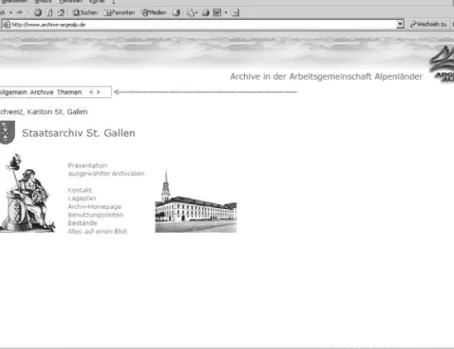 Abb. 6:   Internet-Informationssystem Archive in der ARGE ALP. St. Gallen, Staats- Staats-archiv.
