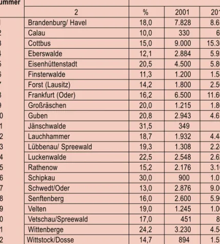 Tabelle 1: Wohnungsleerstand in den 22 Programmstädten „Stadtumbau Ost“, Programmjahr 2002