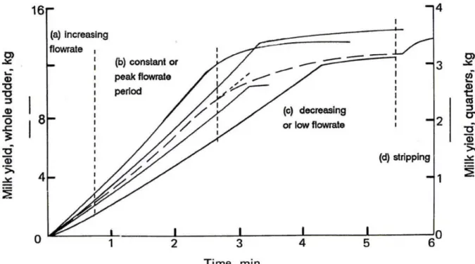 Figure 1: Typical curves of cumulative milk yield plotted against time for a whole udder at a single  milking (broken line), and for the separate quarters plotted on a four times more open scale (solid  lines)