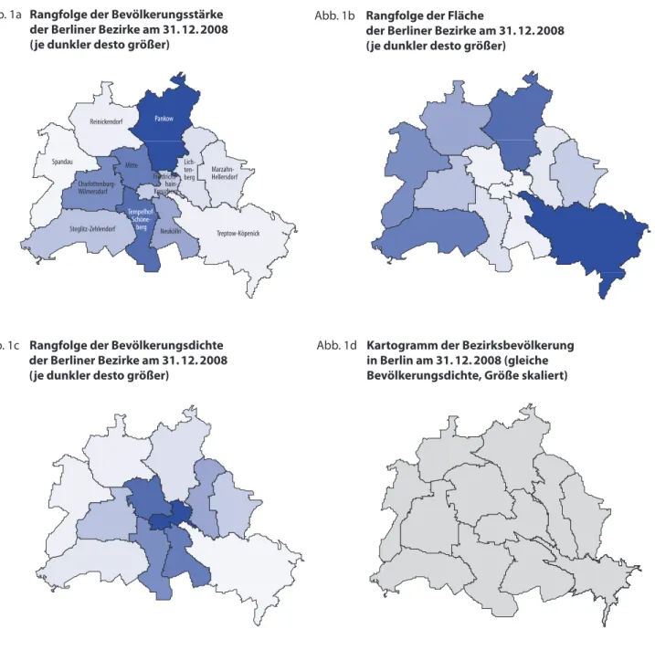 Abb. 1a  Rangfolge der Bevölkerungsstärke   der Berliner Bezirke am 31. 12. 2008   (je dunkler desto größer)