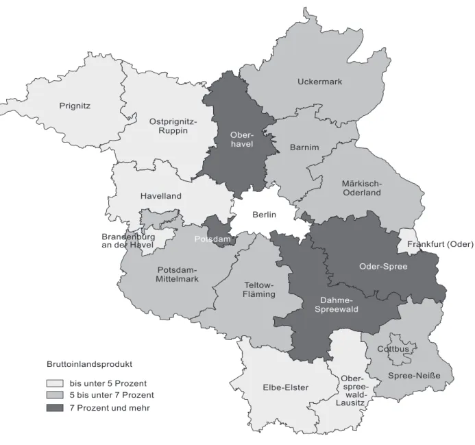 Grafik 1: Anteil des Bruttoinlandsprodukts in jeweiligen Preisen 2007                  der Verwaltungsbezirke am Land Brandenburg insgesamt