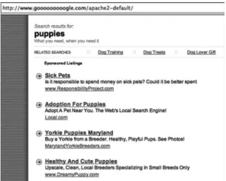 Figure 2.12  gooooooooogle.com search results for “puppies” (top) and Google search ads for the  same word (bottom) result in many of the same ads.