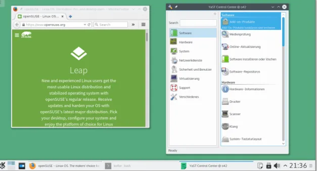 Abbildung 3.11 Der KDE-Desktop von openSUSE Leap mit je einem Firefox- und YaST-Fenster