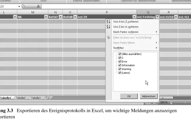 Abbildung 3.3   Exportieren des Ereignisprotokolls in Excel, um wichtige Meldungen anzuzeigen  und zu sortieren