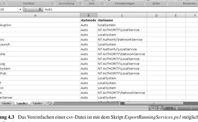 Abbildung 4.3   Das Vereinfachen einer csv-Datei ist mit dem Skript ExportRunningServices.ps1 möglich, das die  Daten in Excel exportiert