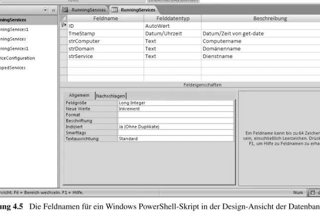 Abbildung 4.5   Die Feldnamen für ein Windows PowerShell-Skript in der Design-Ansicht der Datenbanktabelle
