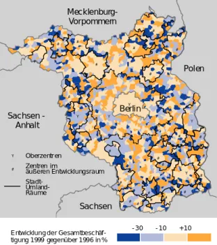 Abbildung 1.6:  Entwicklung der Beschäftigung von 1996 bis 1999 (%)  ## # ## # # # #### # ### ## #### ###%U%U%U%%UUStadt-Um land-Räume PolenMecklenburg-VorpommernSachsen - Anhalt Sachsen + 10- 10 Entwicklung der  Gesam tbesc häf- - 30