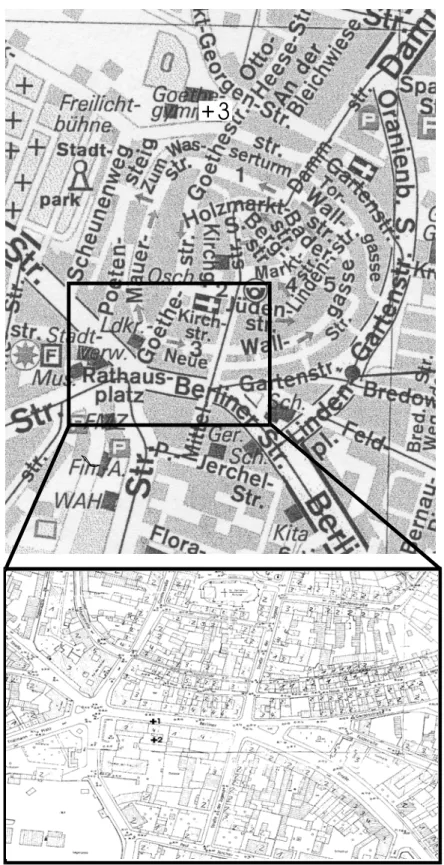 Abb. 2.3: Übersichtsplan (oben) und Katasterplan des inneren Untersuchungsgebietes (un- (un-ten) um die Berliner Straße