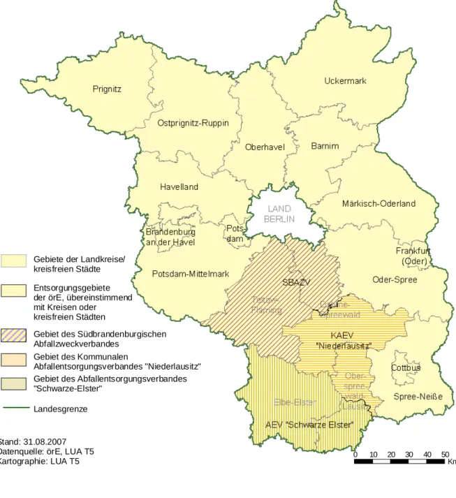 Abbildung 1:  Gebiete der öffentlich-rechtlichen Entsorgungsträger im Land Brandenburg 2007 