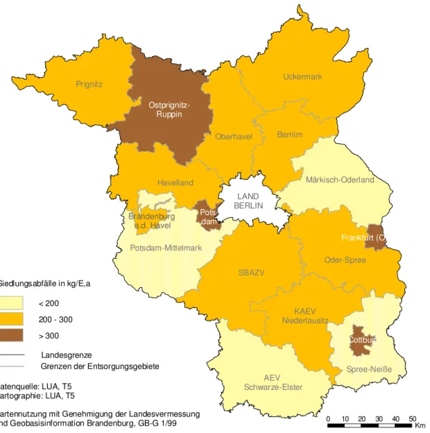 Abbildung  7:  Einwohnerspezifisches  Aufkommen  an  Festen  Siedlungsabfällen  der  öffentlich- öffentlich-rechtlichen Entsorgungsträger des Landes Brandenburg 2006 